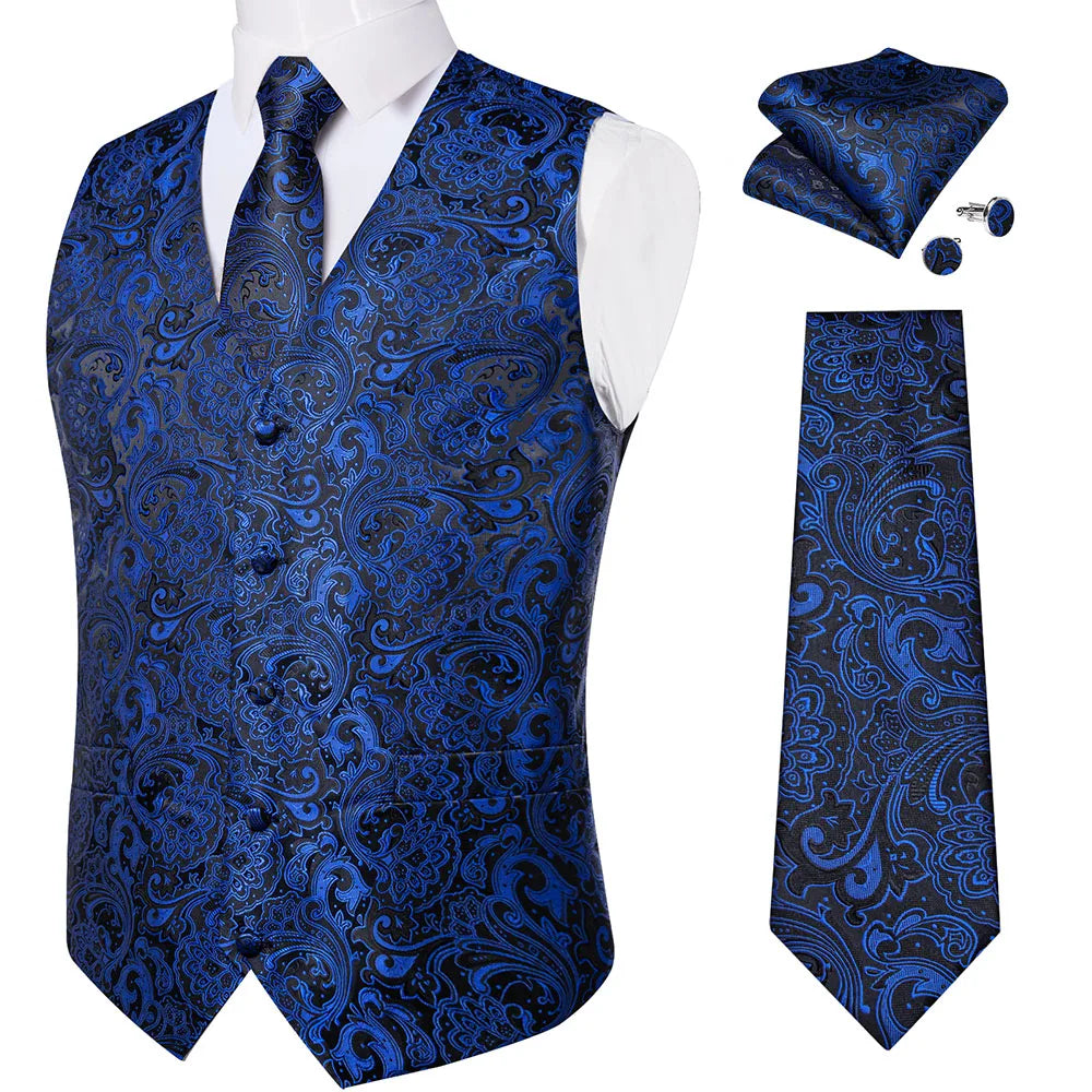 Fashion Light Blue Paisley Silk Vests for Men with Tie Handkerchief Cufflinks Business Wedding Party Waistcoat Tuxedo Vest