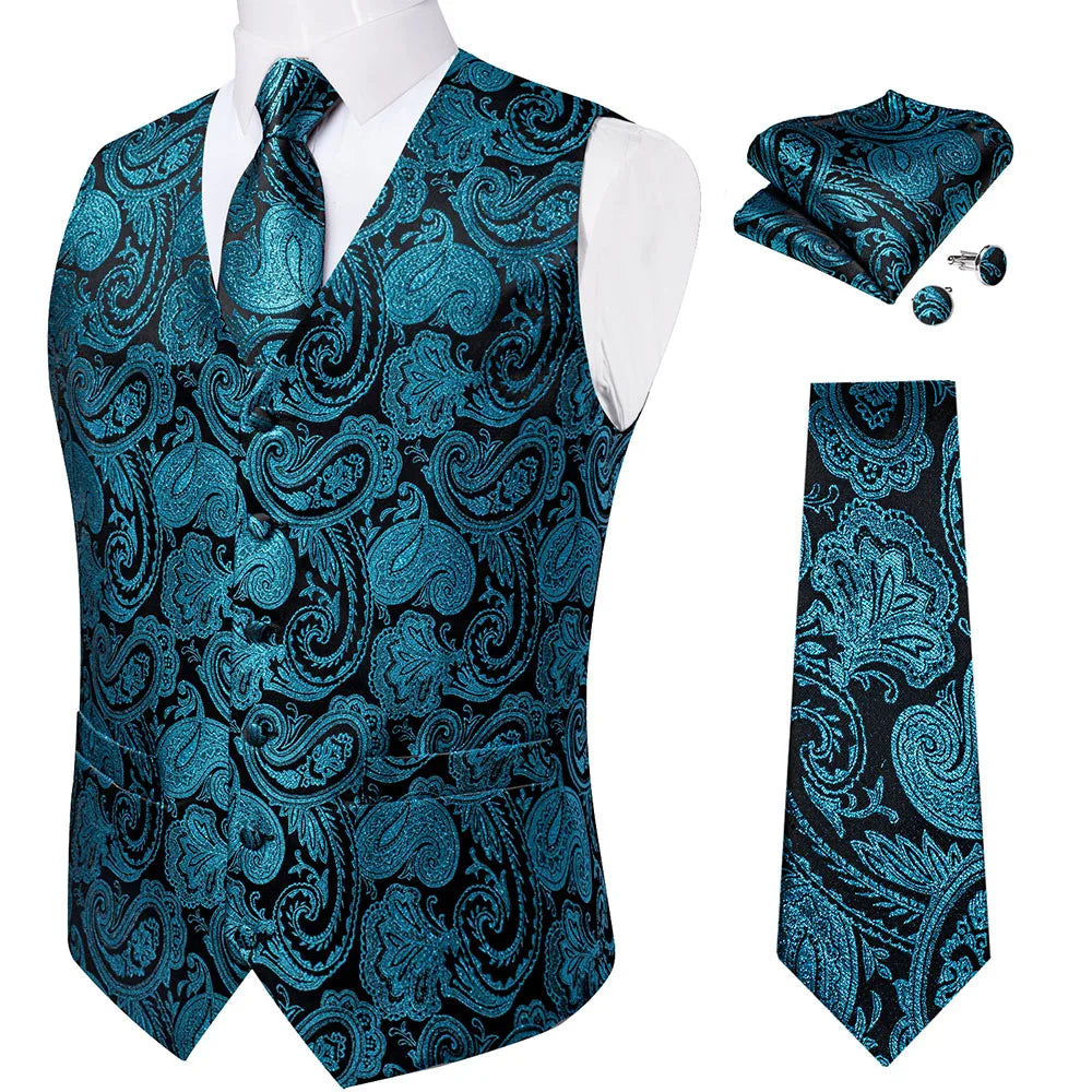 Fashion Light Blue Paisley Silk Vests for Men with Tie Handkerchief Cufflinks Business Wedding Party Waistcoat Tuxedo Vest