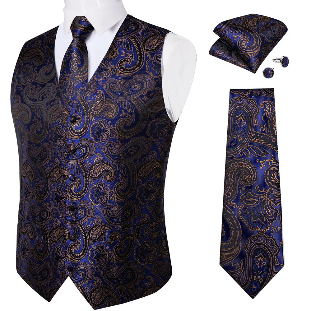 Fashion Light Blue Paisley Silk Vests for Men with Tie Handkerchief Cufflinks Business Wedding Party Waistcoat Tuxedo Vest