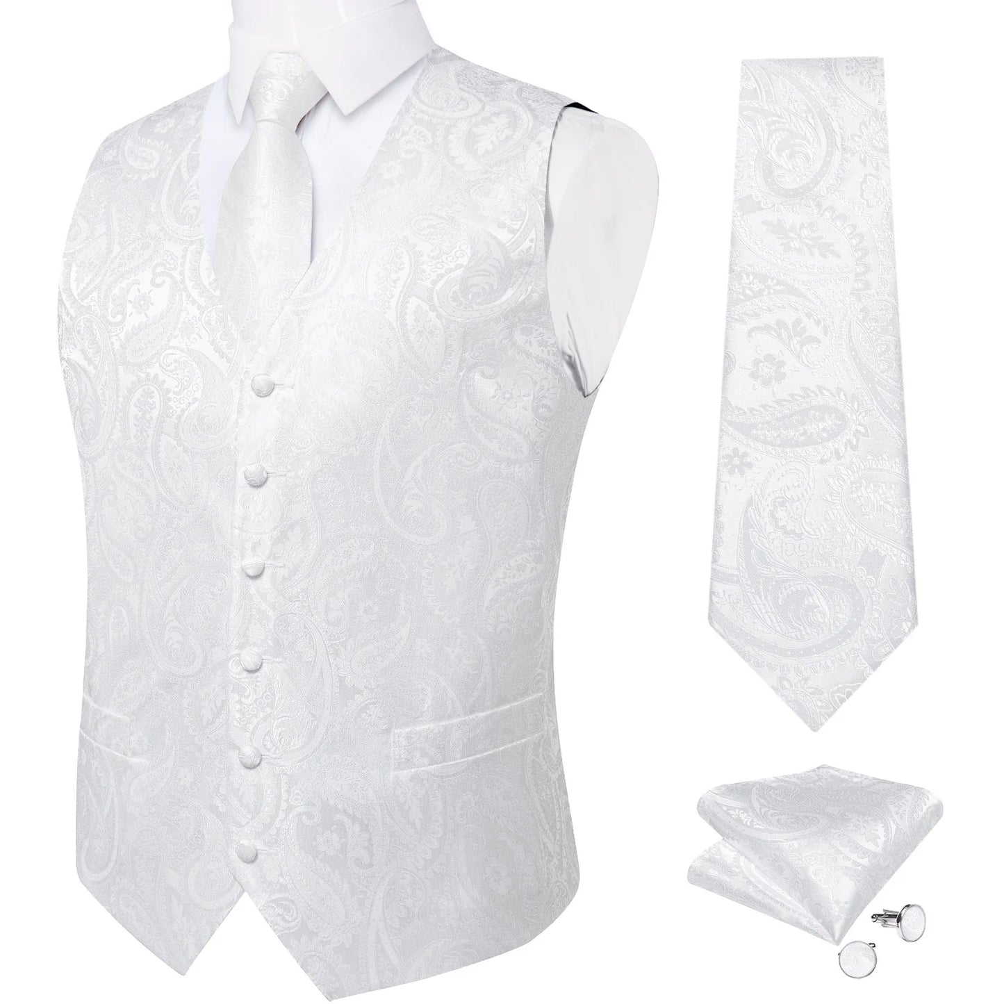 Fashion Light Blue Paisley Silk Vests for Men with Tie Handkerchief Cufflinks Business Wedding Party Waistcoat Tuxedo Vest