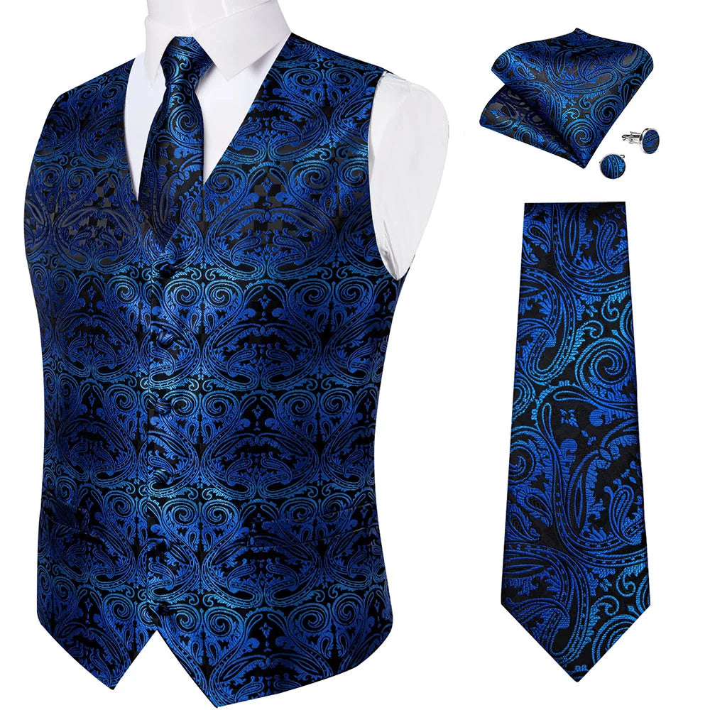 Fashion Light Blue Paisley Silk Vests for Men with Tie Handkerchief Cufflinks Business Wedding Party Waistcoat Tuxedo Vest