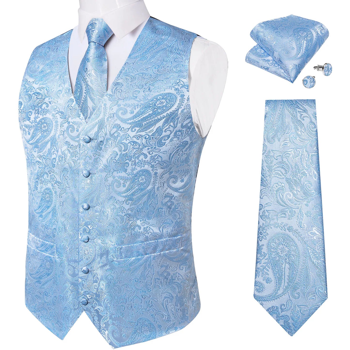 Fashion Light Blue Paisley Silk Vests for Men with Tie Handkerchief Cufflinks Business Wedding Party Waistcoat Tuxedo Vest