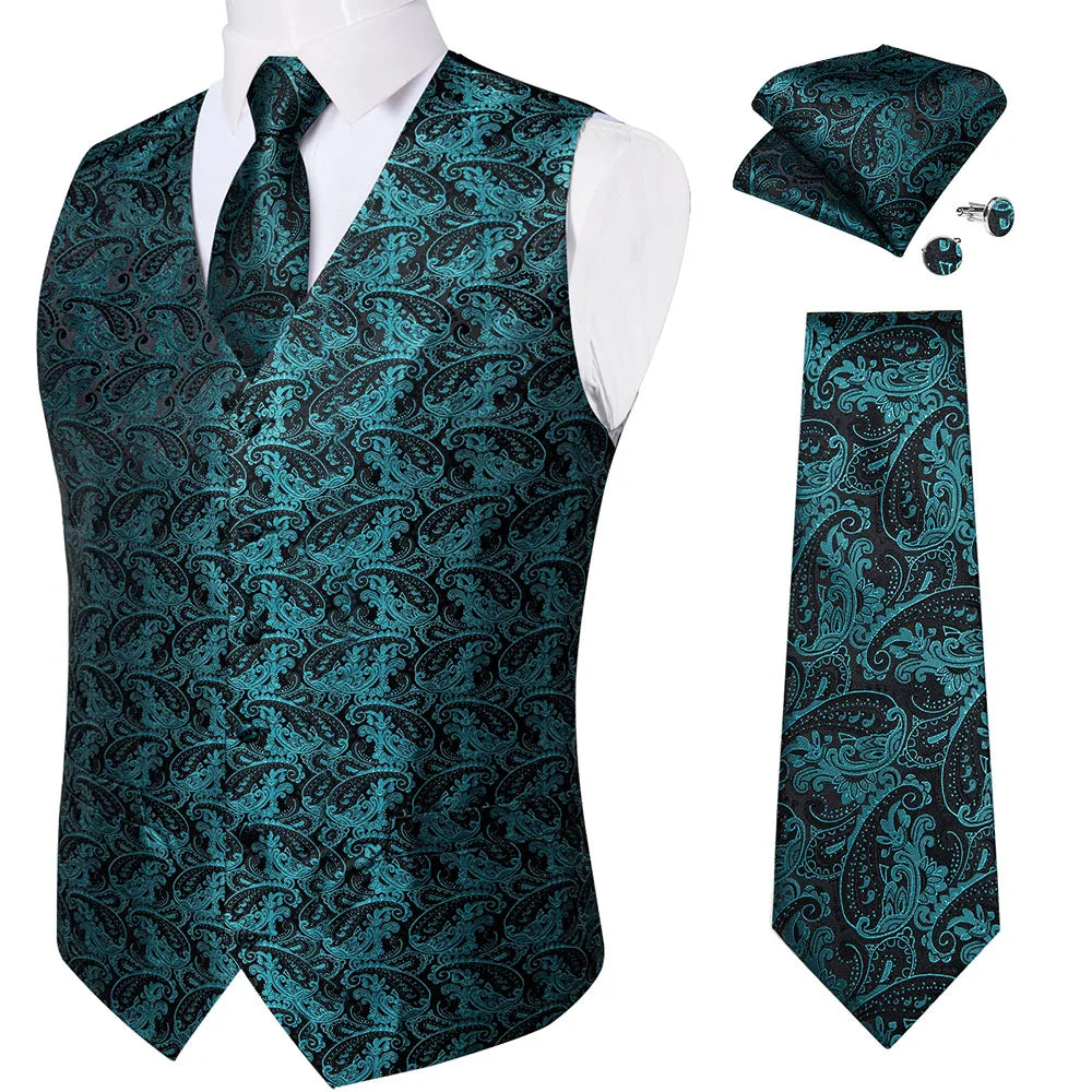 Fashion Light Blue Paisley Silk Vests for Men with Tie Handkerchief Cufflinks Business Wedding Party Waistcoat Tuxedo Vest