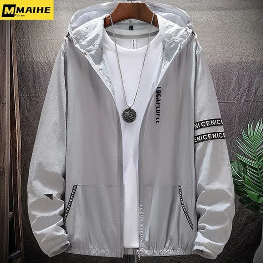 Summer Skin Coats Men SPF Ultra Light UV Sun Protection Big Size Hooded Windbreaker Jacket Men  Striped Casual Outwear 8XL 9XL