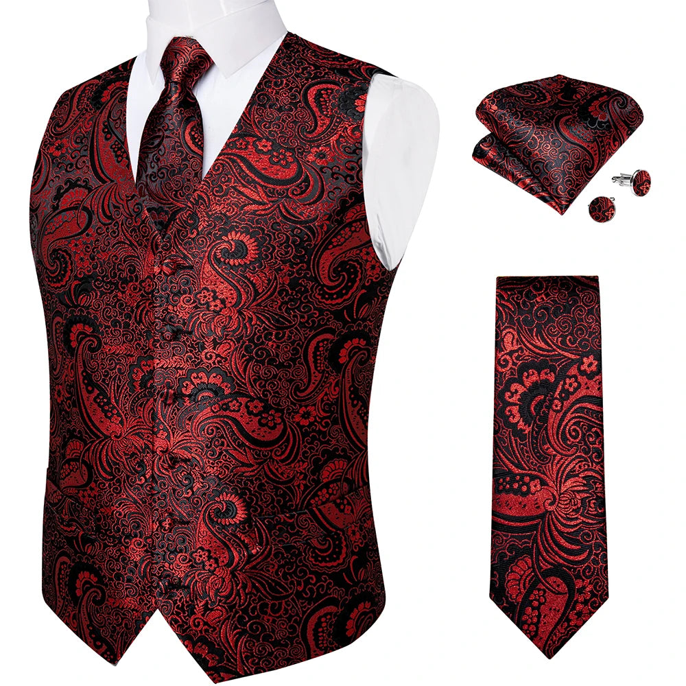 Fashion Light Blue Paisley Silk Vests for Men with Tie Handkerchief Cufflinks Business Wedding Party Waistcoat Tuxedo Vest