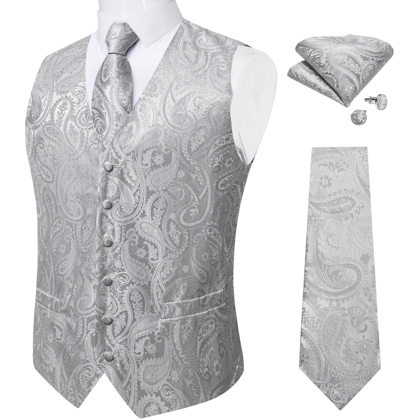 Fashion Light Blue Paisley Silk Vests for Men with Tie Handkerchief Cufflinks Business Wedding Party Waistcoat Tuxedo Vest