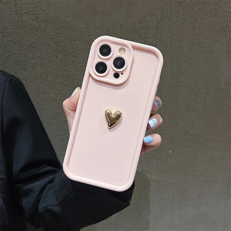 3D Gold Heart Silicone Soft Phone Case For iPhone 15 14 13 12 11 16 17 Pro Max XS XR 7 8 Plus SE Shockproof Candy Matte Cover