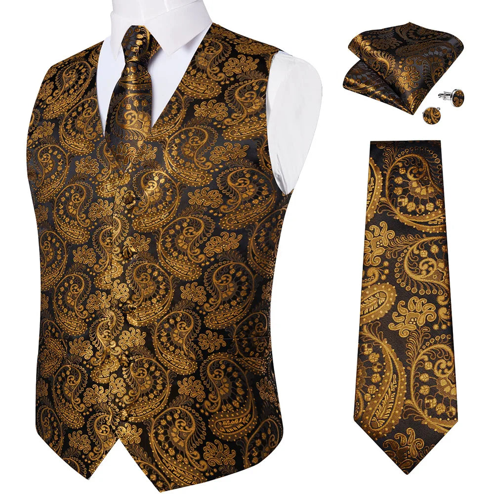 Fashion Light Blue Paisley Silk Vests for Men with Tie Handkerchief Cufflinks Business Wedding Party Waistcoat Tuxedo Vest
