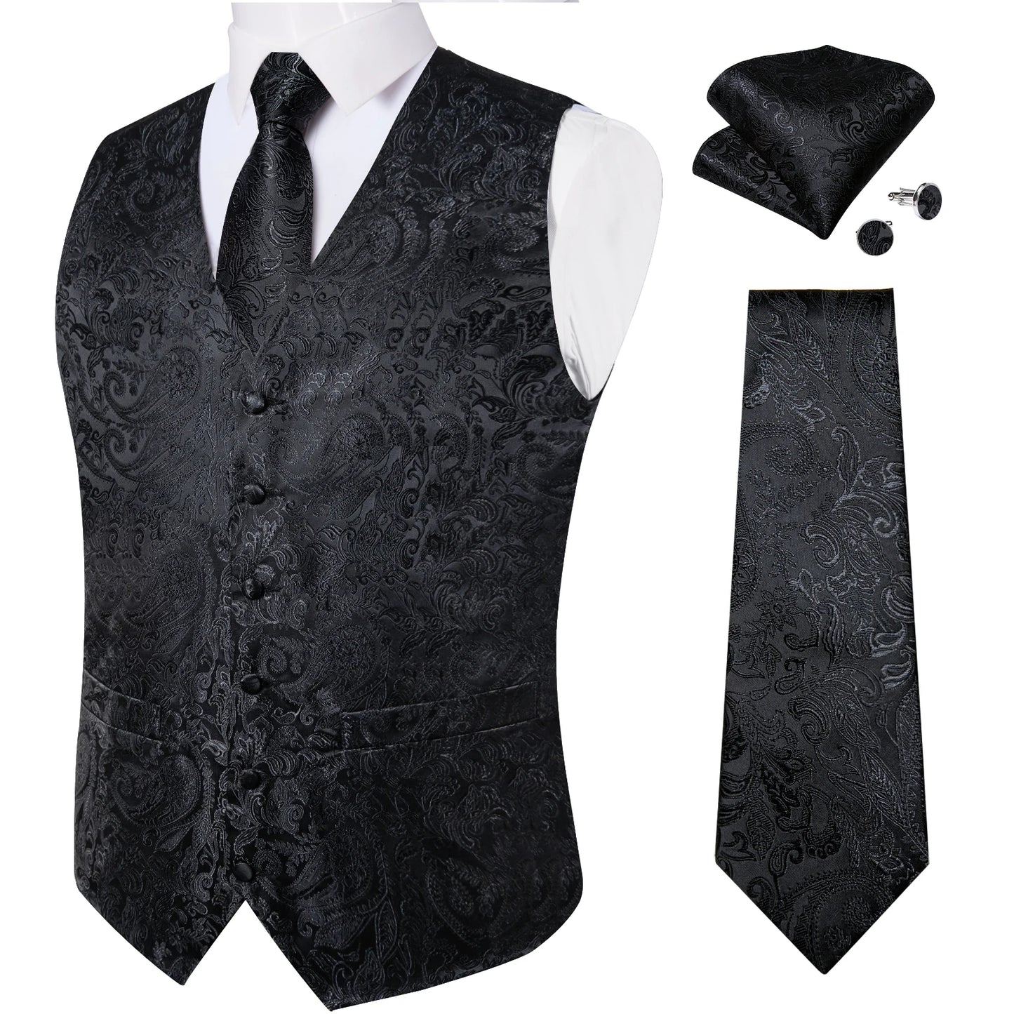 Fashion Light Blue Paisley Silk Vests for Men with Tie Handkerchief Cufflinks Business Wedding Party Waistcoat Tuxedo Vest