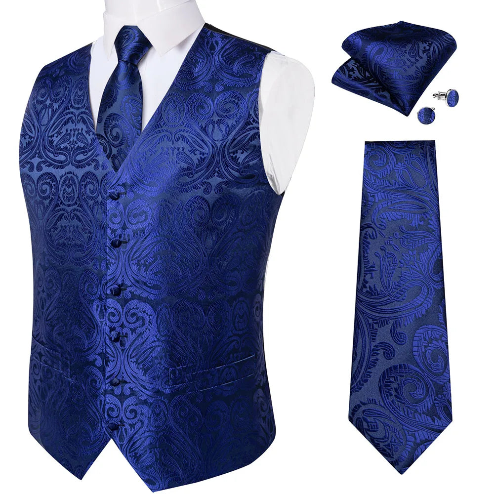 Fashion Light Blue Paisley Silk Vests for Men with Tie Handkerchief Cufflinks Business Wedding Party Waistcoat Tuxedo Vest