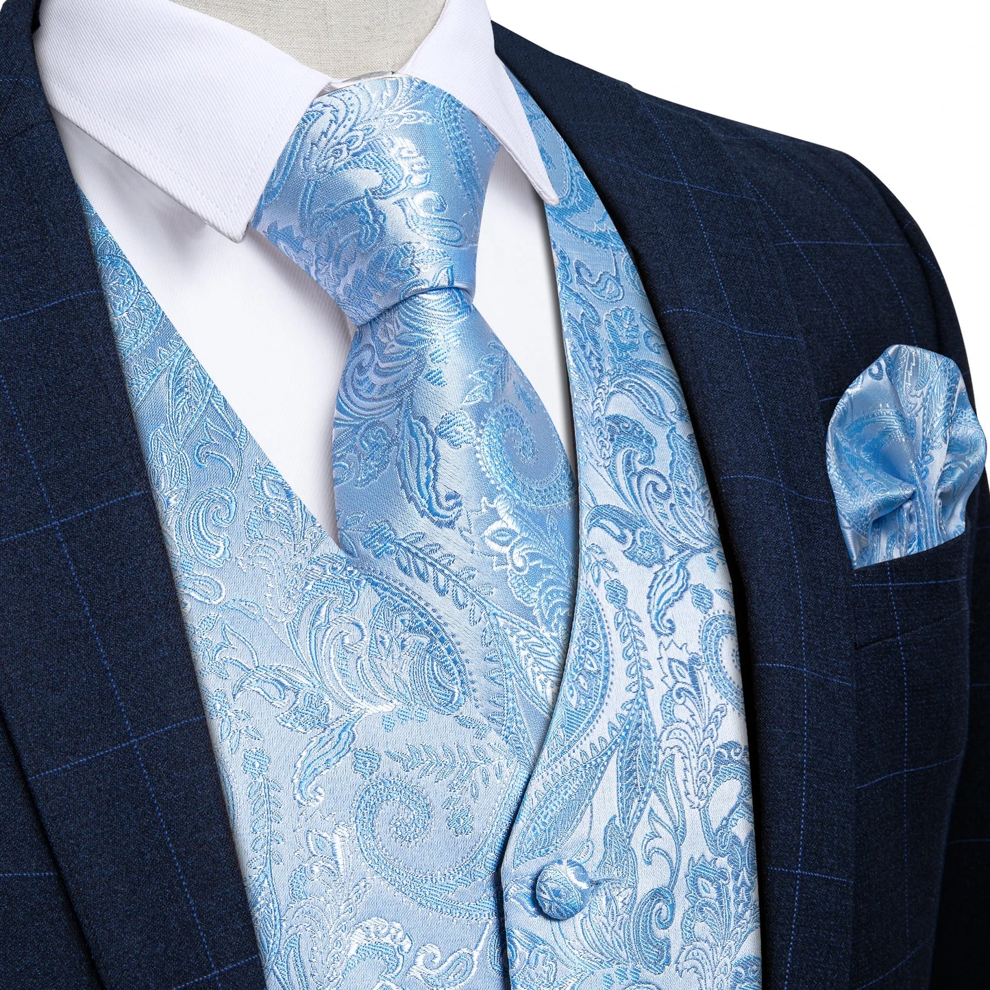 Fashion Light Blue Paisley Silk Vests for Men with Tie Handkerchief Cufflinks Business Wedding Party Waistcoat Tuxedo Vest