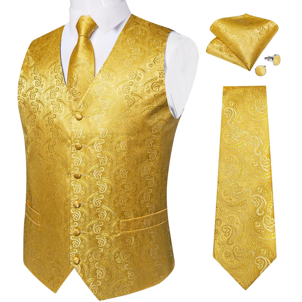 Fashion Light Blue Paisley Silk Vests for Men with Tie Handkerchief Cufflinks Business Wedding Party Waistcoat Tuxedo Vest